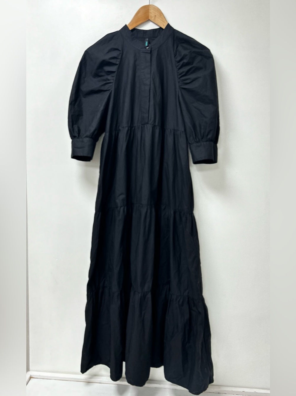 Befree 100% Cotton Black Tiered Maxi Dress Puff Sleeve Mock Neck Size M